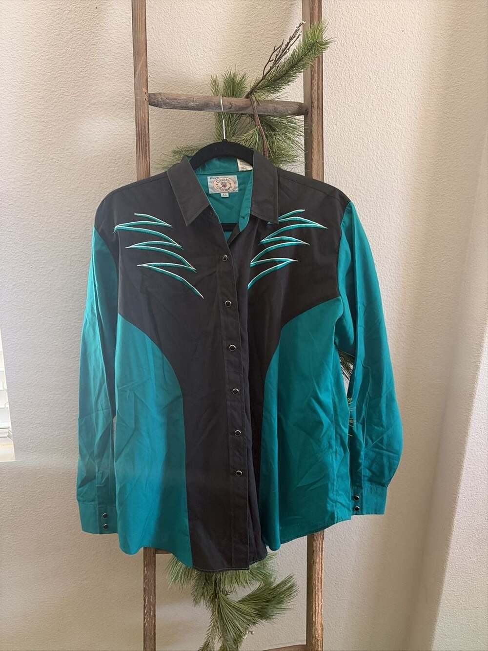Vintage Ely Country Charmers Women's Western Pearl Snap Shirt Teal Black XL